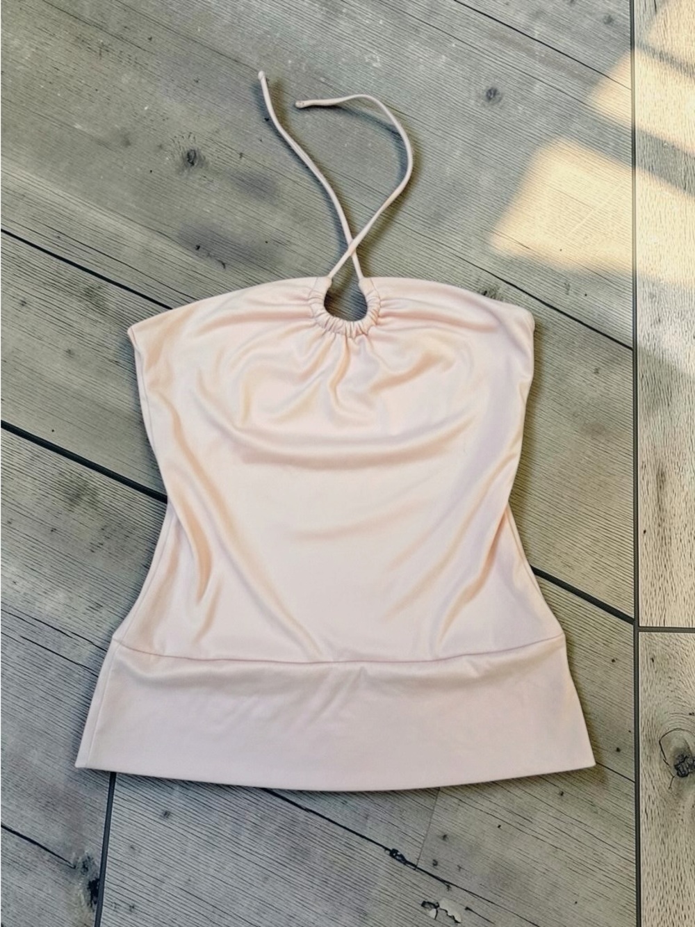 Ruched Keyhole Halter Tank Top in Pale Pink